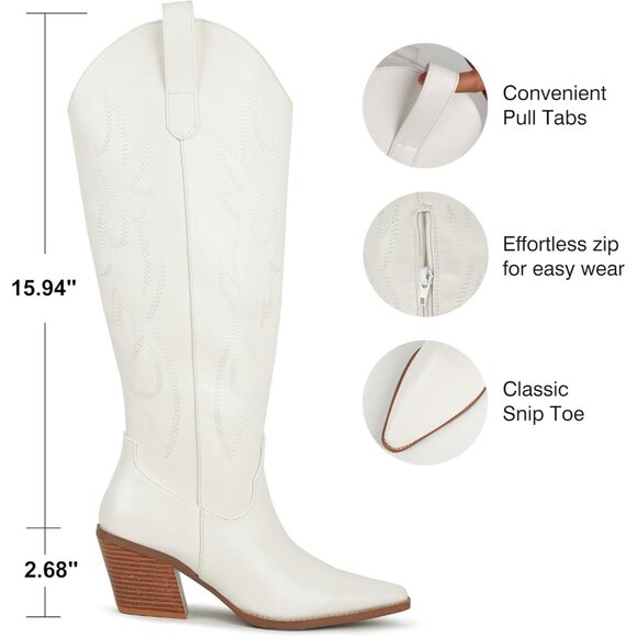 ⚡Women's White Cowgirl Boot Embroidered Knee High Boot Pointed Toe Block Heel - Picture 4 of 6